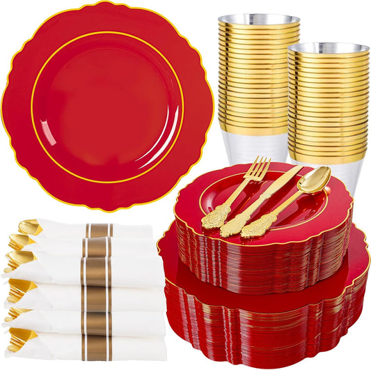 Liacere 350PCS Red Plastic Plates - Christmas Red Disposable Plates With Gold Rim - 50Guest Baroque Plastic Dinnerware include 100Plates-50Pack Pre Rolled Napkins with Silverware 50Cups for Christmas