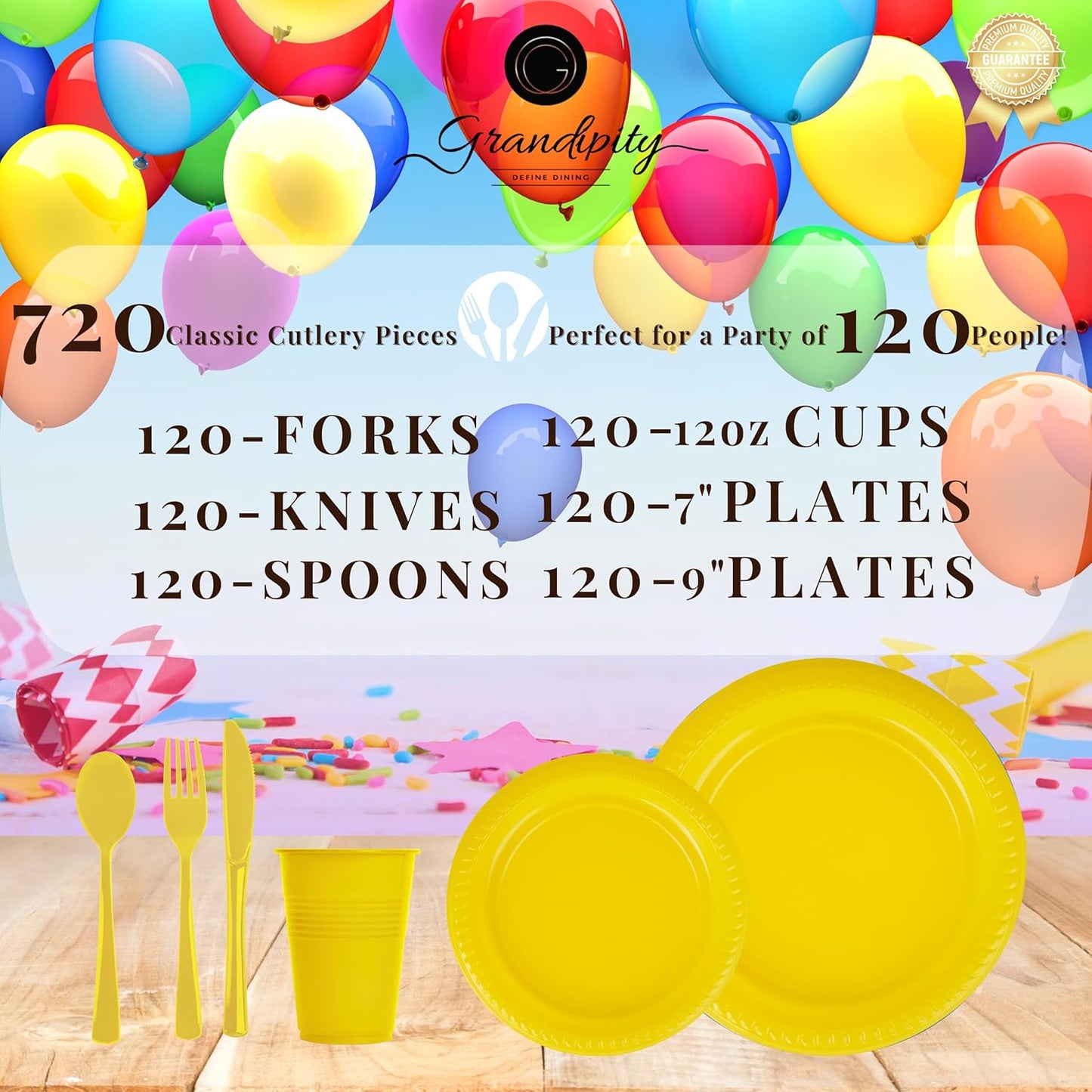 Grandipity 720 Piece Yellow Disposable Dinnerware Set, Plastic Dinnerware Set Includes 120 Count 9' Dinner Plates, 7' Dessert Plates, 12oz Cups, Forks, Knives & Spoons