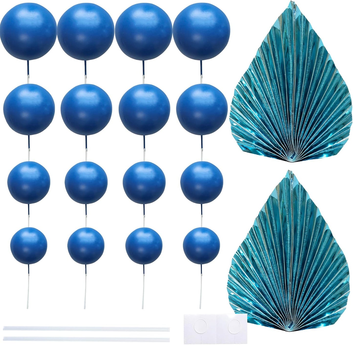 Ephlyn 28Pcs Paper Palm Fan Cake Topper Balls Cake Pick for Baby Shower Wedding Bridal Shower Birthday Party DIY Party Cake Decorations Supplies Dark Blue