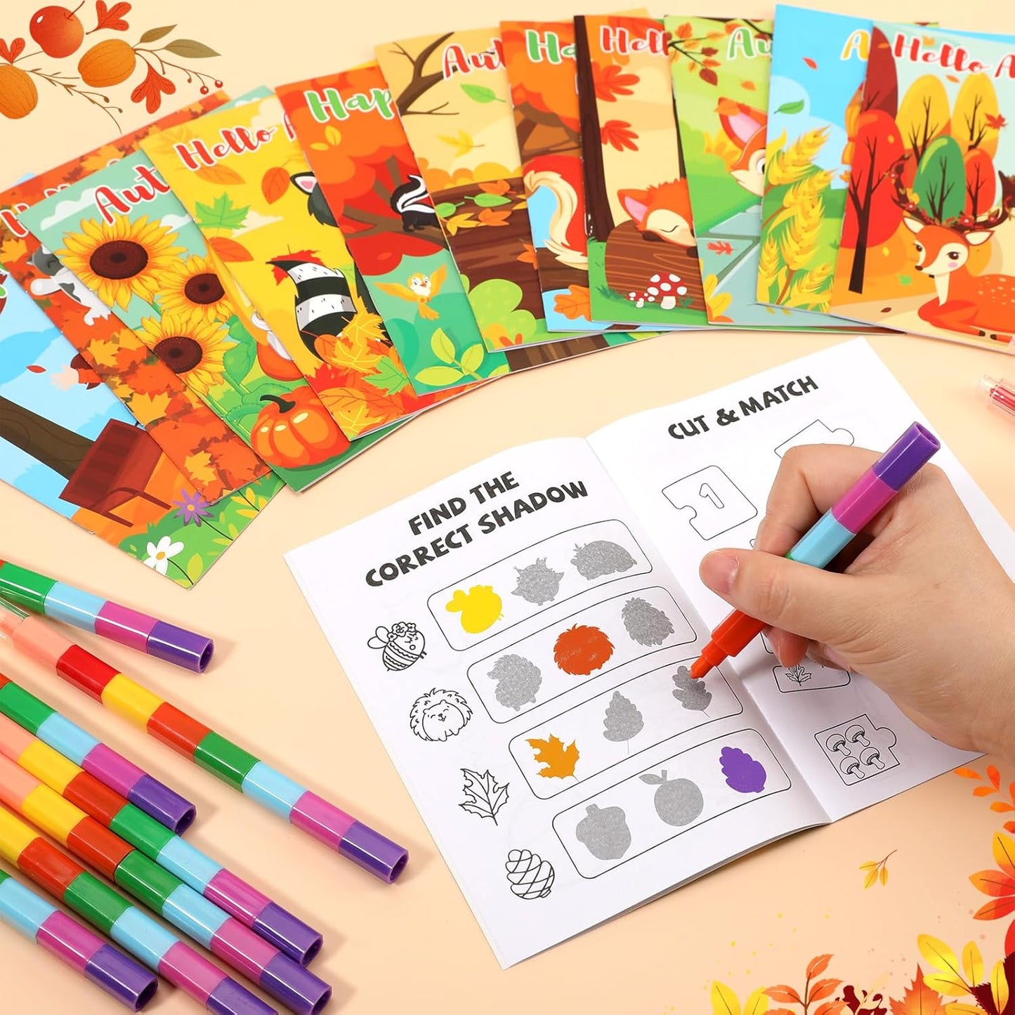 BenLouis 24 Fall Mini Activity Books with 24 Crayons for Kids ages 4-8-16 Autumn Party Favors Bulk Different Brain Game for Classroom Travel Craft Activities Thanksgiving Goodie Bag Gift Stuffer