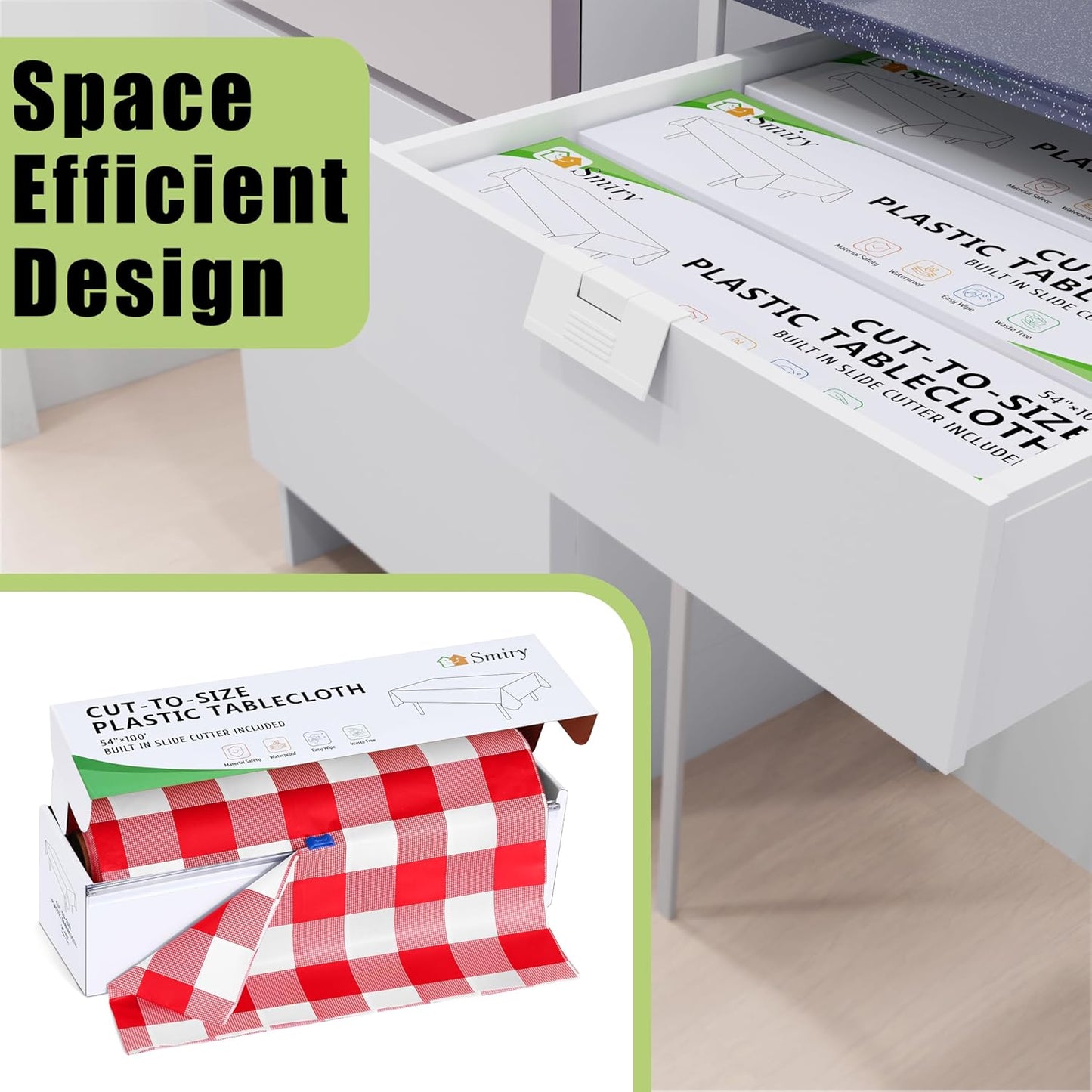 Smiry 54 Inch x 100 Feet Disposable Table Cover Roll, Red & White Plastic Table Cloth in Cut-to-Size Box with Slide Cutter, Waterproof Rectangle Tablecloths for Weddings, Banquets, Outdoor