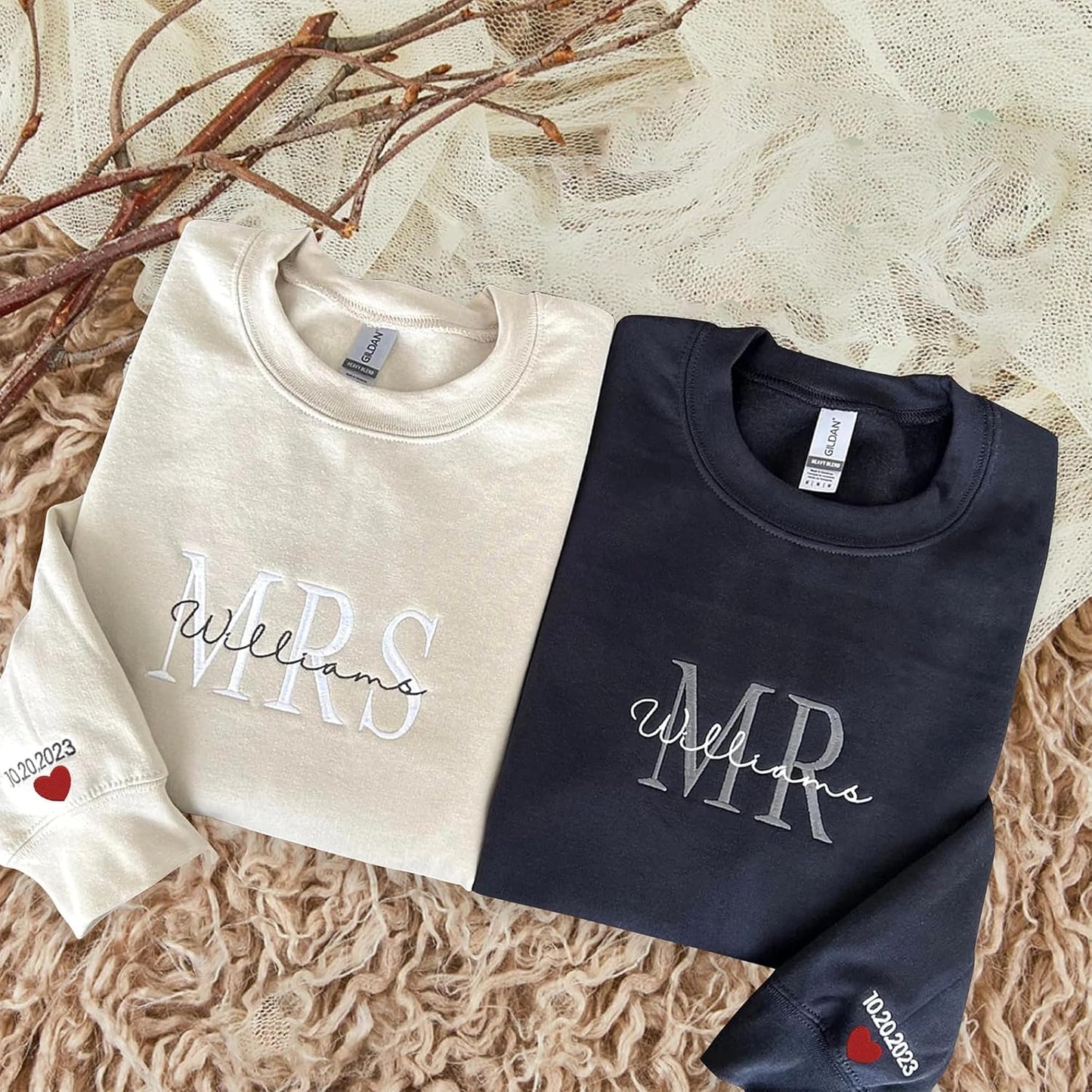 Custom Mr & Mrs Embroidered Sweatshirt – Matching Couple Sweatshirt - Personalized Anniversary Date or Text on Sleeve – Gifts for Him and Her, Wedding, Valentine’s Day, Christmas
