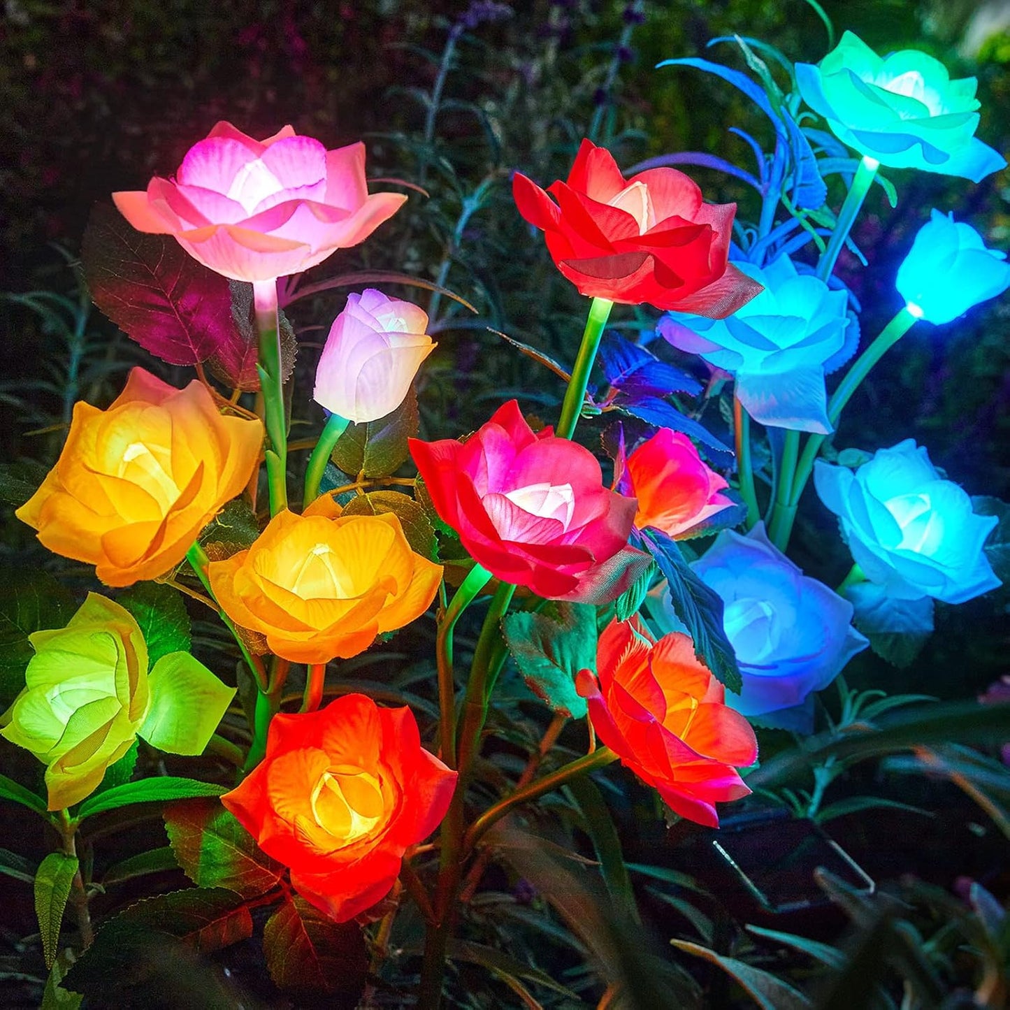 RECHOO Solar Garden Lights Outdoor Decorative, 3 Pack Solar Flower Lights with 15 Rose Flowers, Multi-Color Changing LED Waterproof Garden Decor for Patio Yard Pathway Decoration