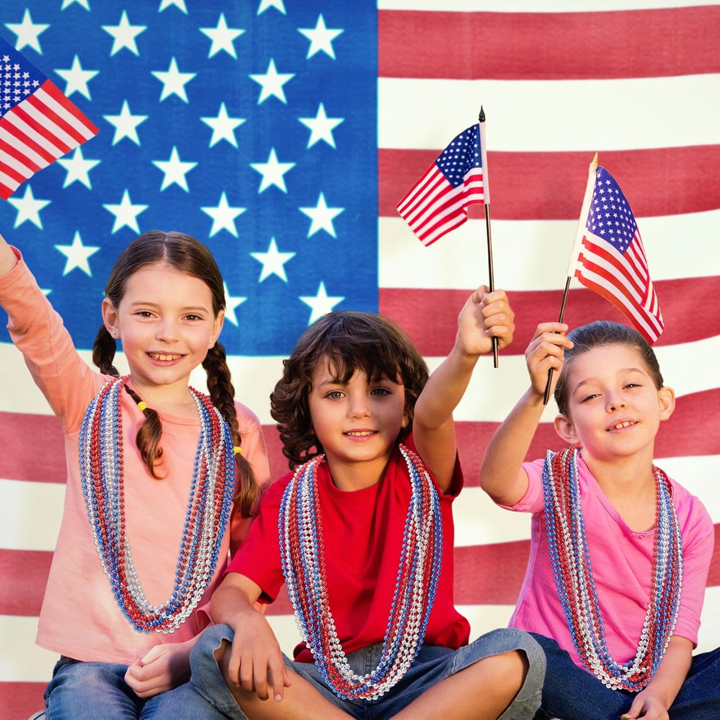 200 PCS Beads Necklace, 33" Metallic Patriotic Necklace, Red Blue Silver Fourth of July Beads Accessories Party Supplies for Adult Kids 4th of July Independence Day Memorial Day Veterans Day