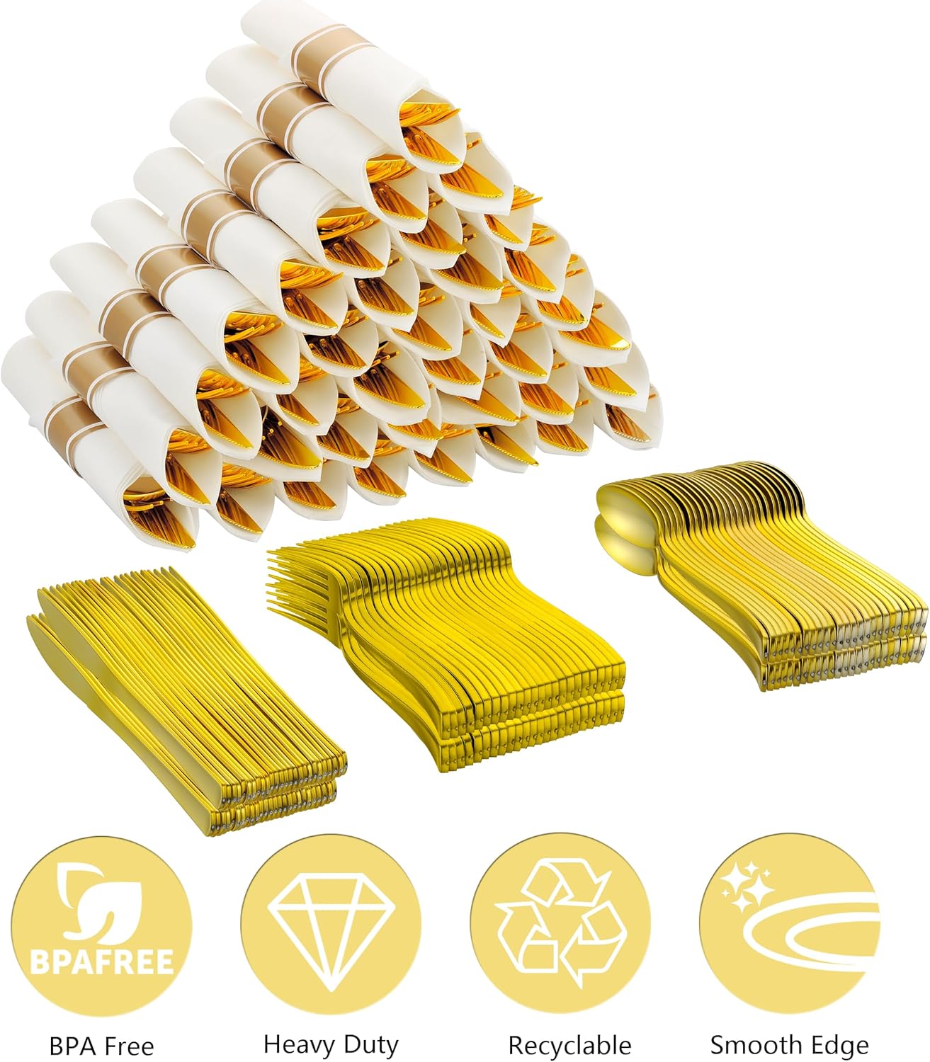 100 Pack Pre Rolled Gold Plastic Silverware Set with Napkins,Disposable Wrapped Heavy Duty Cutlery Set for Wedding Birthday Party-100 Forks,Knives,Spoons,Utensils Set,Plasticware Bulk
