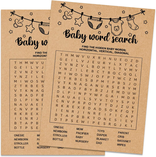 Baby Shower Game, Baby Word Search Game Cards, Baby Shower Party Games Supplies & Activities, Party Activities Ideas Supplies, Baby Shower Ideas, 30 Game Cards Included, Kraft