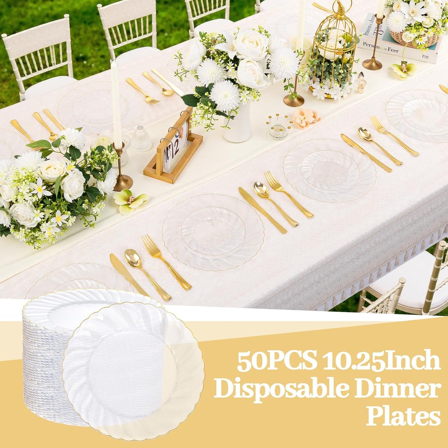 YOUBET 50 Pack Clear Scalloped Plastic Plates - 10.25 Inch Clear Gold Disposable Plates - High End Elegant Vintage Dinner Plate for Party & Weeding & Birthday & Thanksgiving