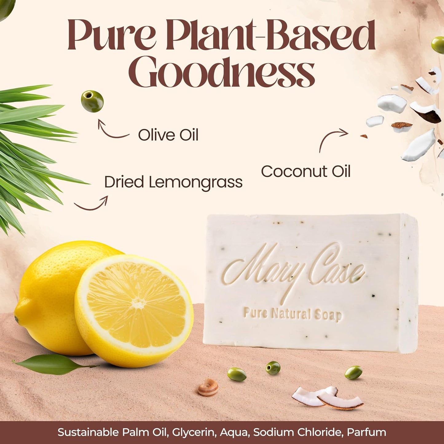 Mary Case All Natural Bar Soap for Men & Women (Set of 4) - Lemon Bath Soap Bar with Olive and Coconut Oils & Dried Lemongrass - Vegan Bath Soaps for Balancing Oily Skin & Boosting Vitality
