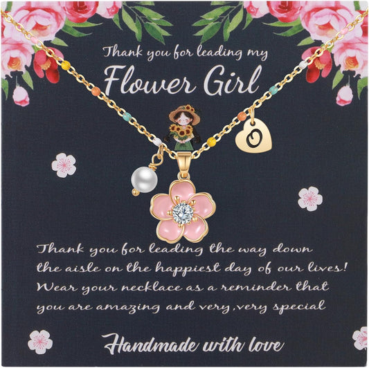DS Flower Girl Necklace Gifts |Heart Initial Letter Flower Necklaces with Pearl Charm for Women | Personalized Wedding Proposal Bridal Shower Party Jewelry Gift | 18K Gold Plated Stainless Steel
