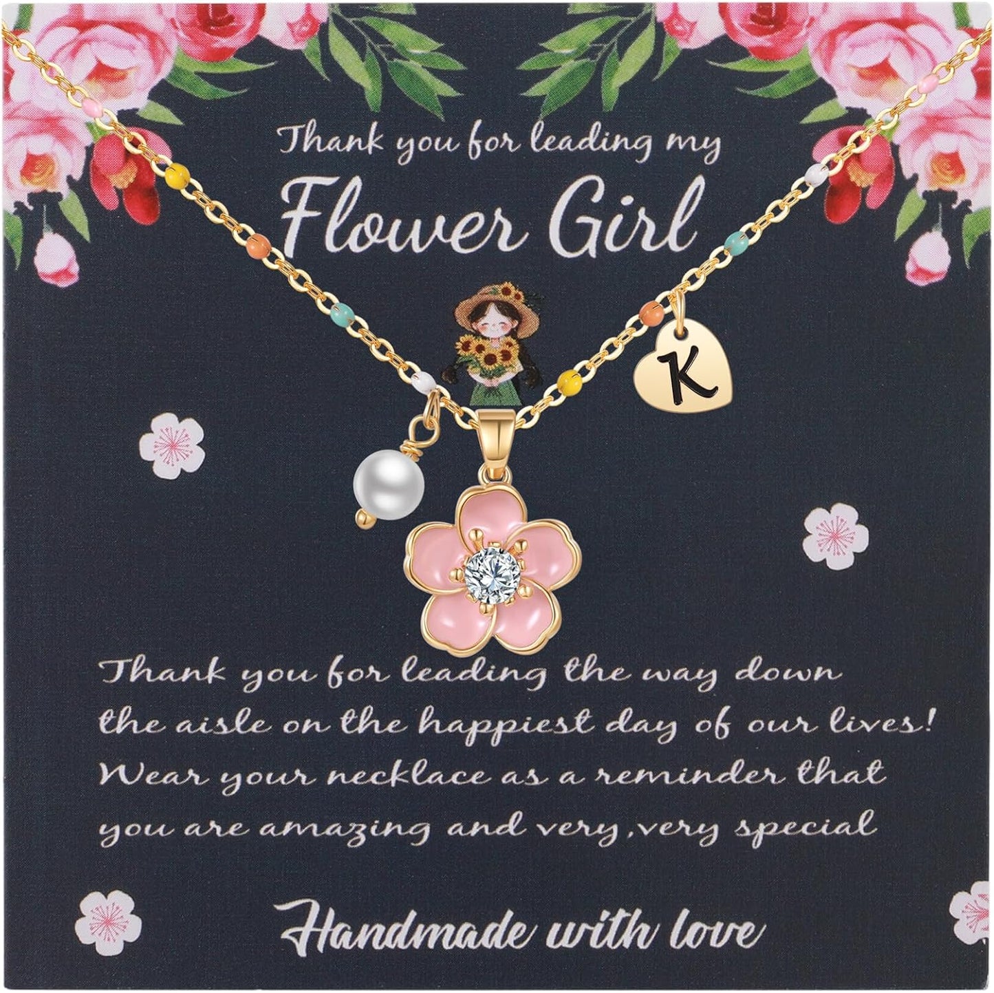 DS Flower Girl Necklace Gifts |Heart Initial Letter Flower Necklaces with Pearl Charm for Women | Personalized Wedding Proposal Bridal Shower Party Jewelry Gift | 18K Gold Plated Stainless Steel