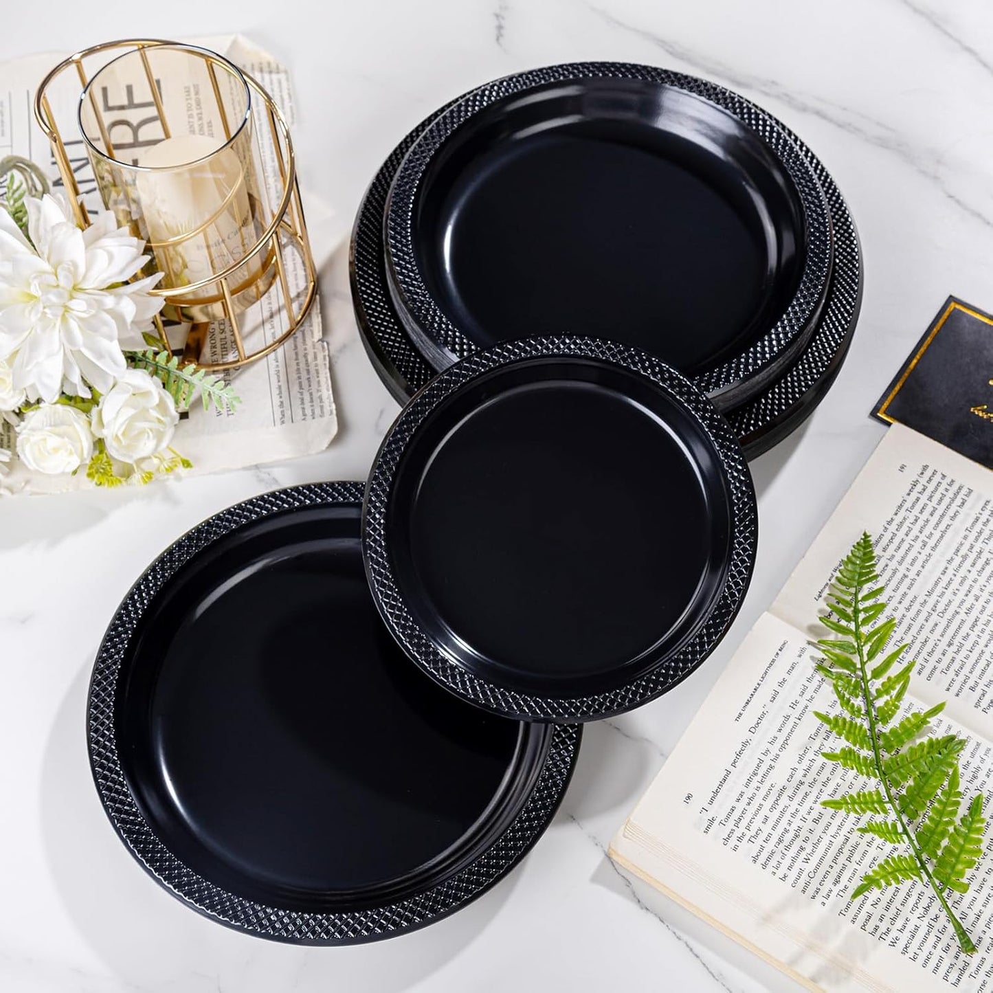 WELLIFE Black Plastic Plates 7 Inch 50 Count Disposable Plate for Party Halloween Plastic Plate, Dessert Small Plates for Dinner Cake Salad Party Supplies Birthday