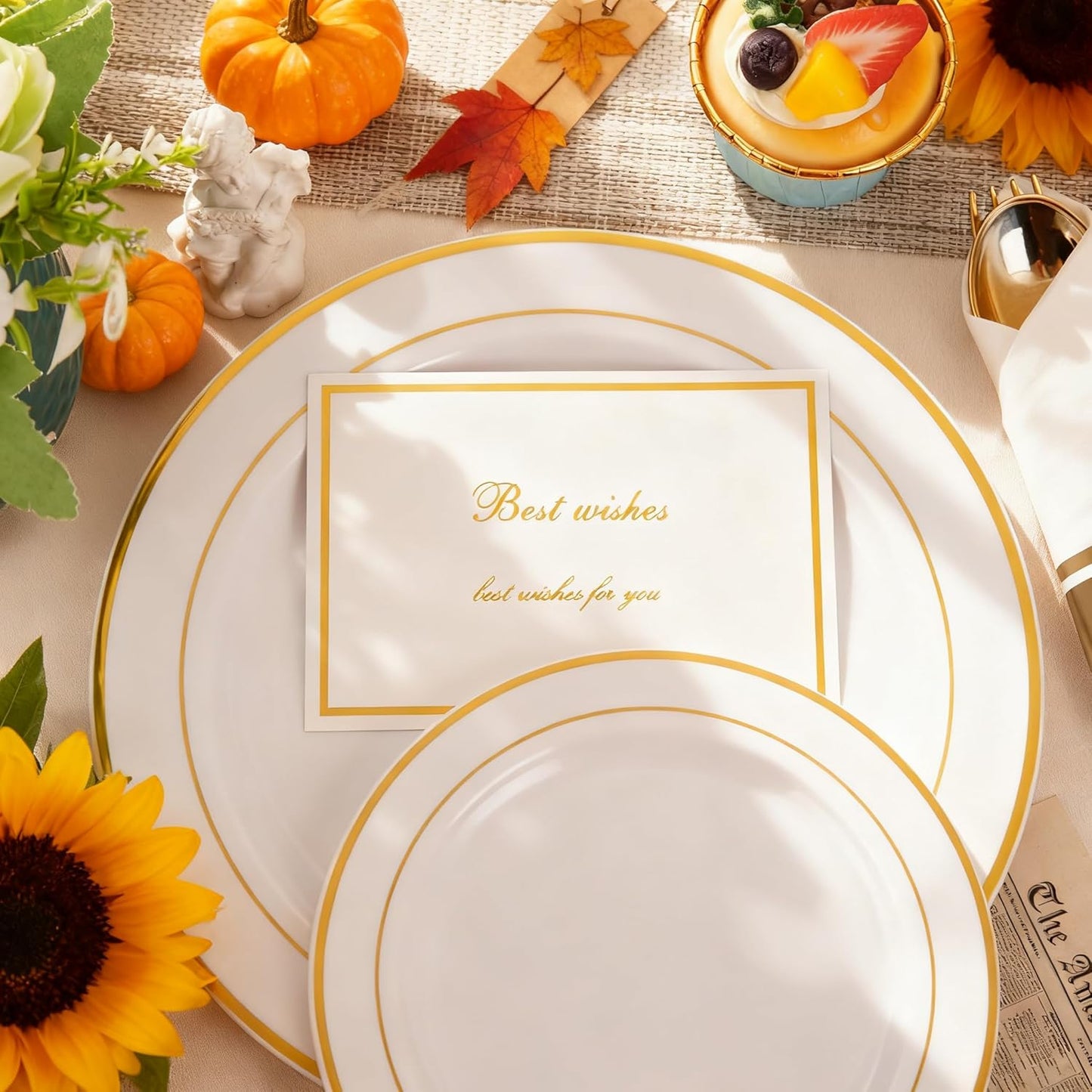 350Piece Gold Dinnerware Set for 50 Guests - Gold Plastic Plates with Disposable Cutlery Include:50Dinner Plates-50Dessert Plates-50Pre Rolled Napkins with Silverware for Thanksgiving