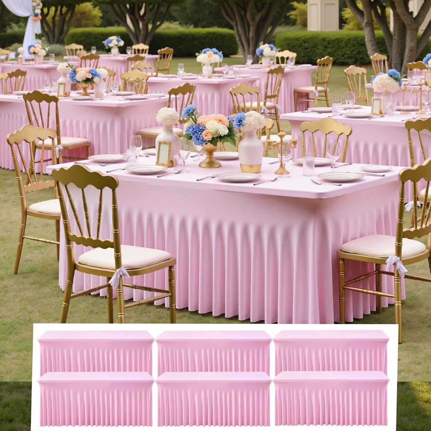 NSSONBEN 6 pk Baby Pink Spandex Tablecloth 6ft with Ruffle Table Skirt, Wrinkle Free Stretchy Fitted Tablecloths for 6 Foot Rectangle Tables, Elastic Spandex Table Covers for Weddings Parties Banquet