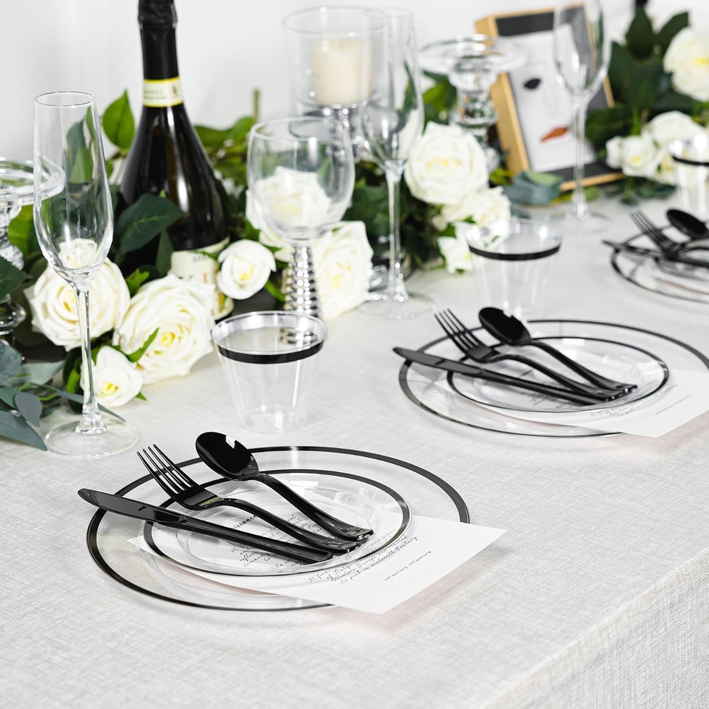 N9R 600PCS Clear and Black Disposable Plates Set, Heavy Duty Plastic Dinnerware Set for 100 Guests Includes 100 Dinner & Dessert Plates, Cups, Spoons, Forks, and Knives, Perfect for Parties, Weddings