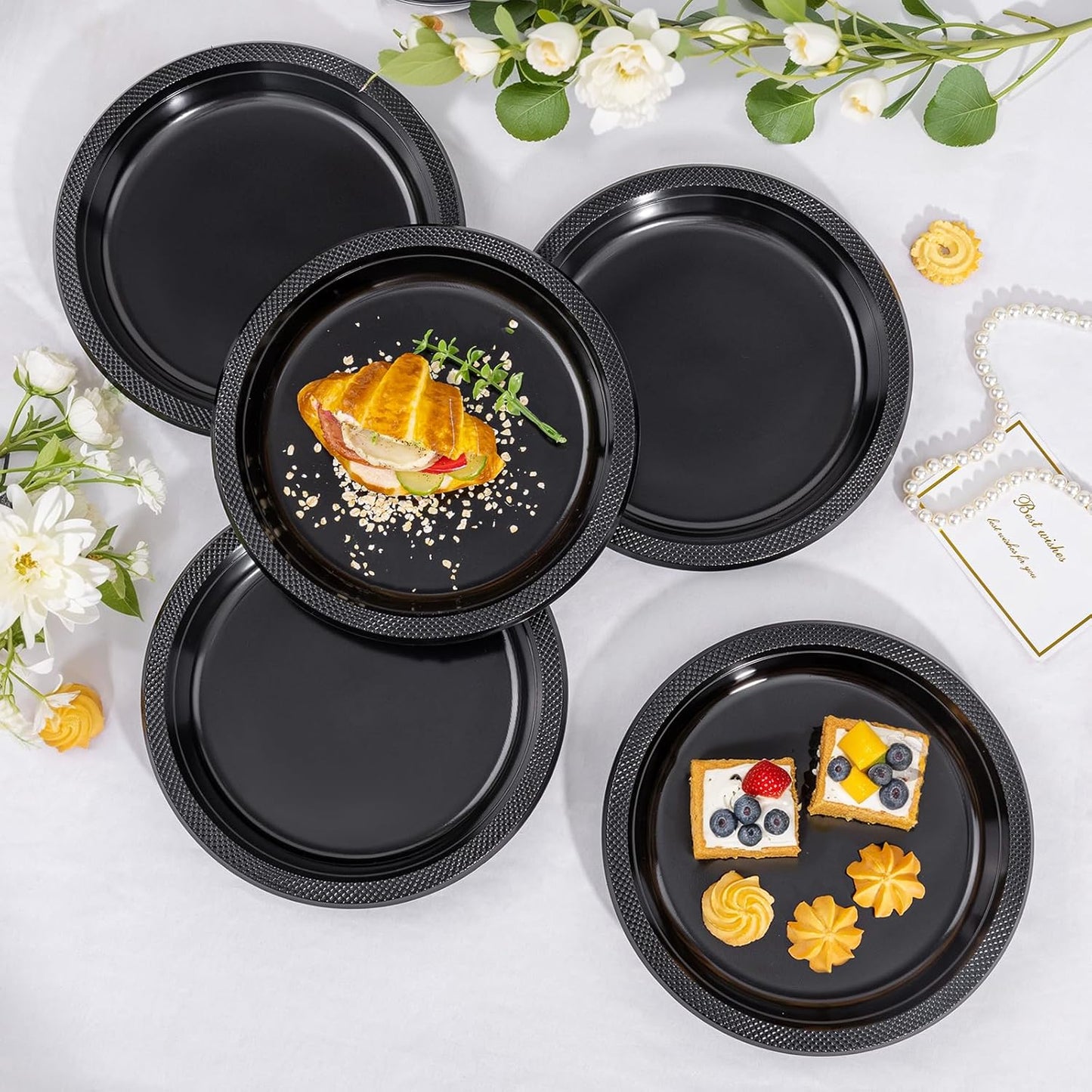 WELLIFE Black Plastic Plates 10 Inch -150 Count for Party, Plastic Disposable Dinner Plates for Halloween Picnic BBQ