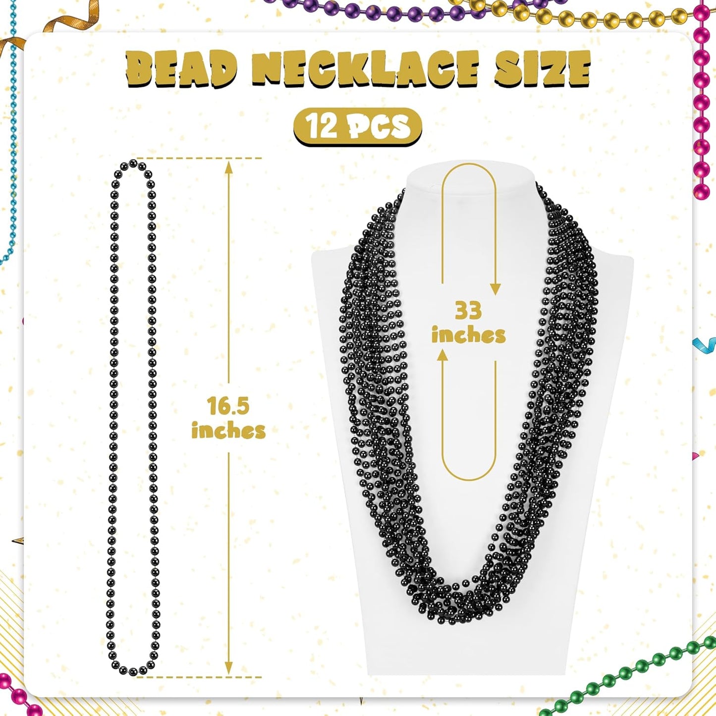 12 PCS Black Beads Necklaces, 33" Mardi Gras Beads Bulk, Round Metallic Black Mardi Gras Stuff Set, Festival Parade Throw Accessories for Parade Party Favors Carnival Decorations
