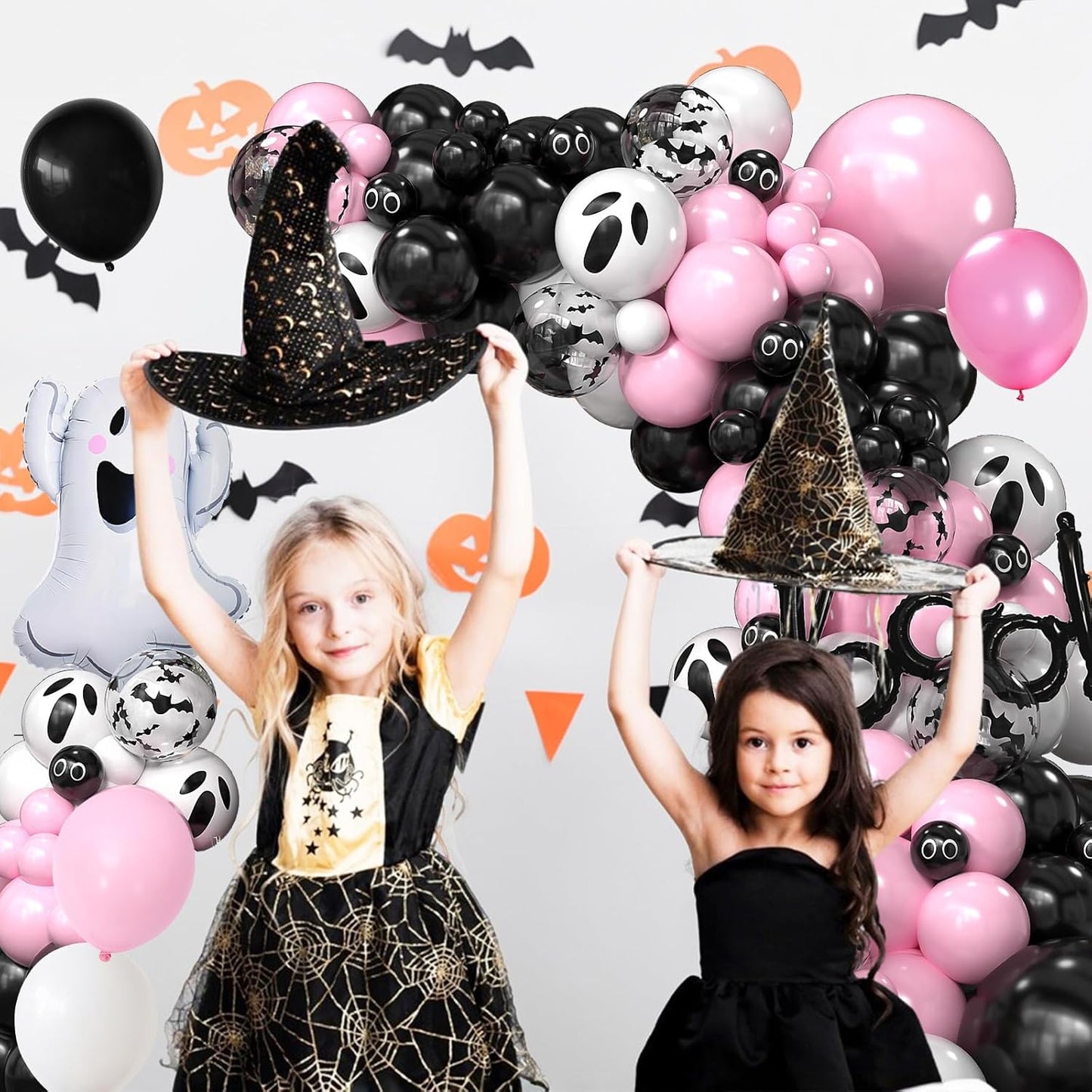Halloween Balloon Arch Kit, Black Pink Balloons Garland Arch Kit with Large Ghost and BOO Foil Balloon, Eyes Bat Ghost Printed White Balloons For Halloween Decorations Home Garden Party Supplies
