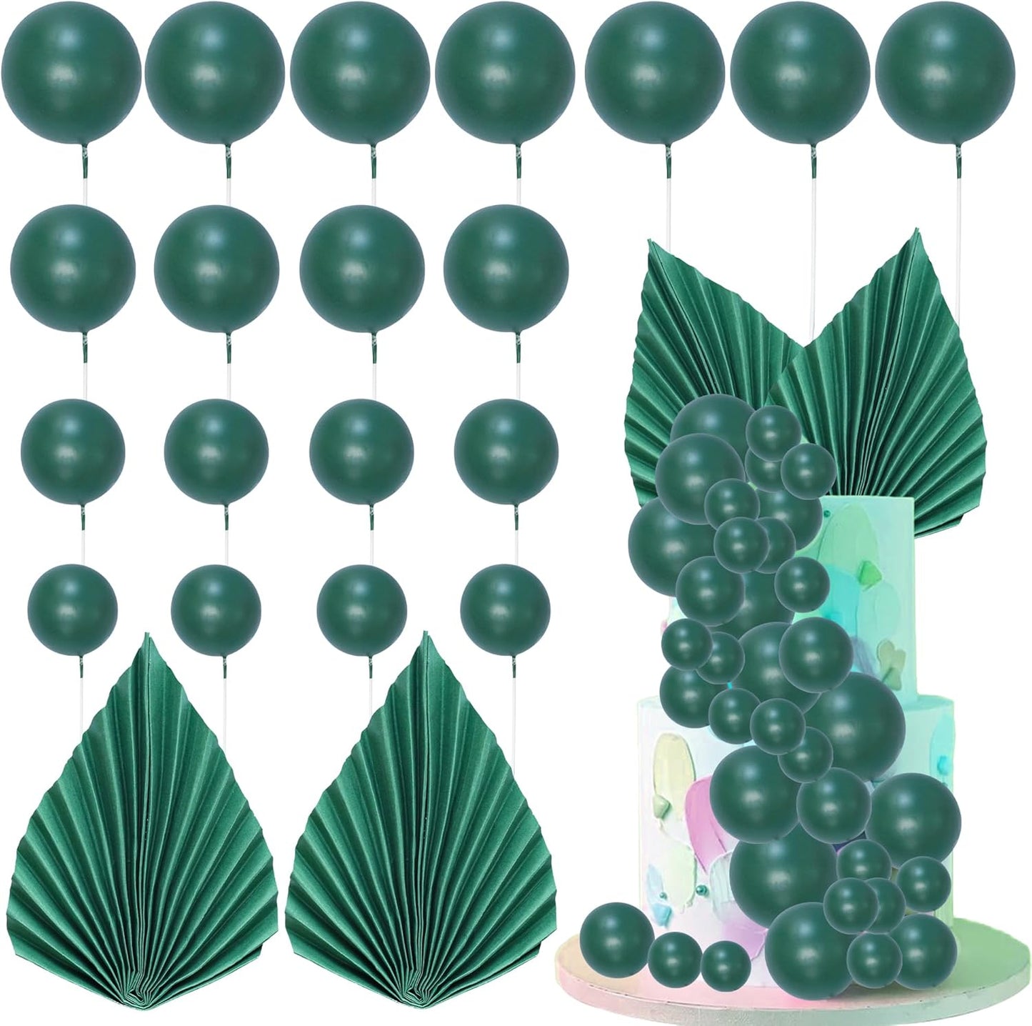Ephlyn 28Pcs Paper Palm Fan Cake Topper Balls Cake Pick for Baby Shower Wedding Bridal Shower Birthday Anniversary Party DIY Cake Decorations Supplies Green