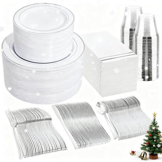 GATHER 700PCS Silver Plastic Plates - Silver Plate Set 100Guest - Disposable Dinnerware Sets 100Silver Rim Dinner Plates 100Silver Dessert Plate 100Paper Napkins&Cups&silver Plastic Silverware Set