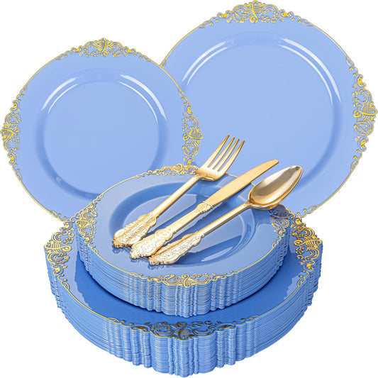125PCS Blue and Gold Plastic Plates - Airy Blue Disposable Plate - Gorgeous Plates with Gold Plastic Silverware Sets for 25 Guests for Party & Wedding & Spring