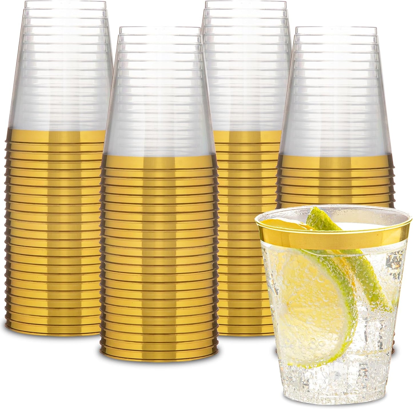 PLASTICPRO Disposable 7 oz Crystal Clear Plastic Tumblers With Gold Rim for Party's & Weddings pack of 100