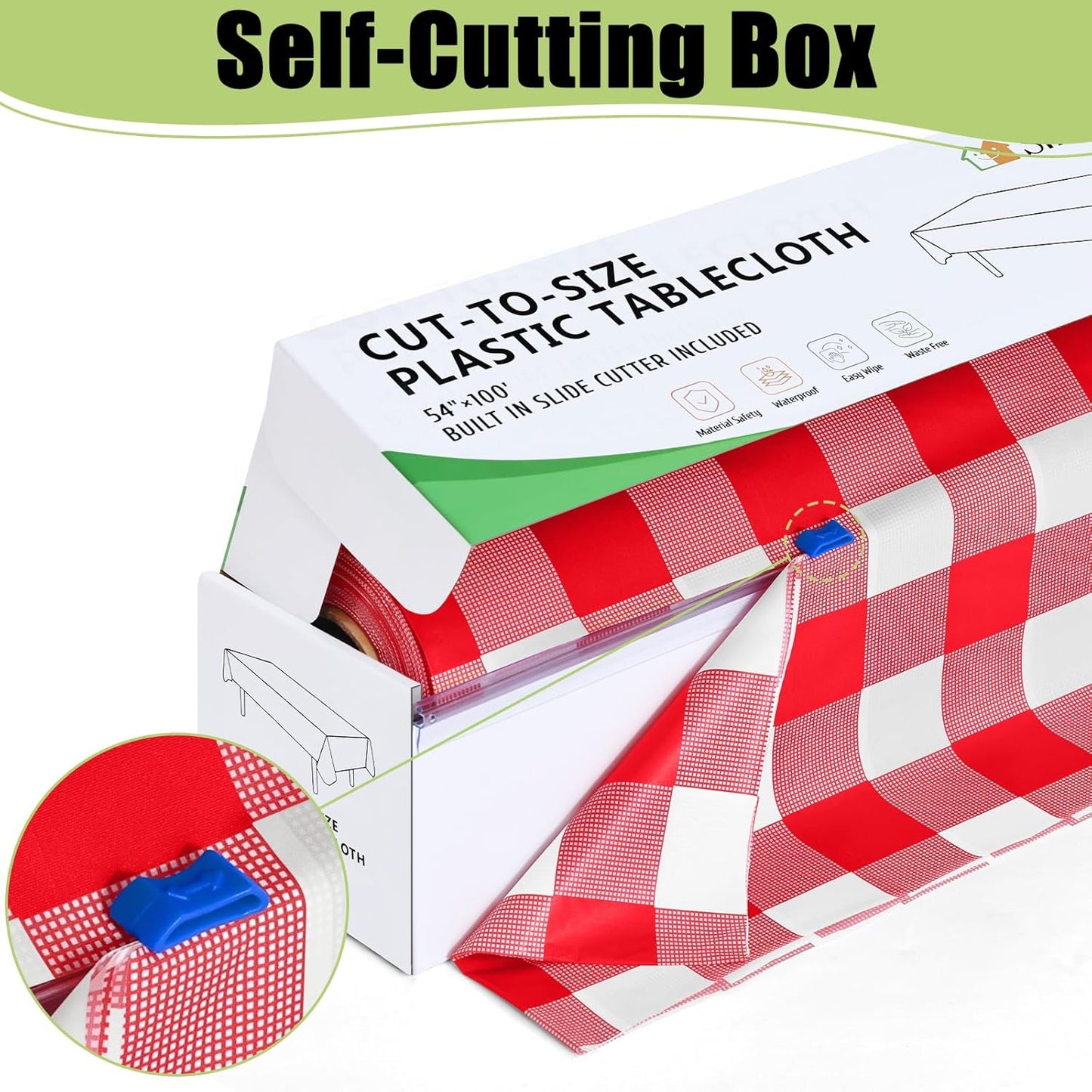 Smiry 54 Inch x 300 Feet Disposable Table Cover Roll, Red & White Plastic Table Cloth in Cut-to-Size Box with Slide Cutter, Waterproof Rectangle Tablecloths for Weddings, Banquets, Outdoor