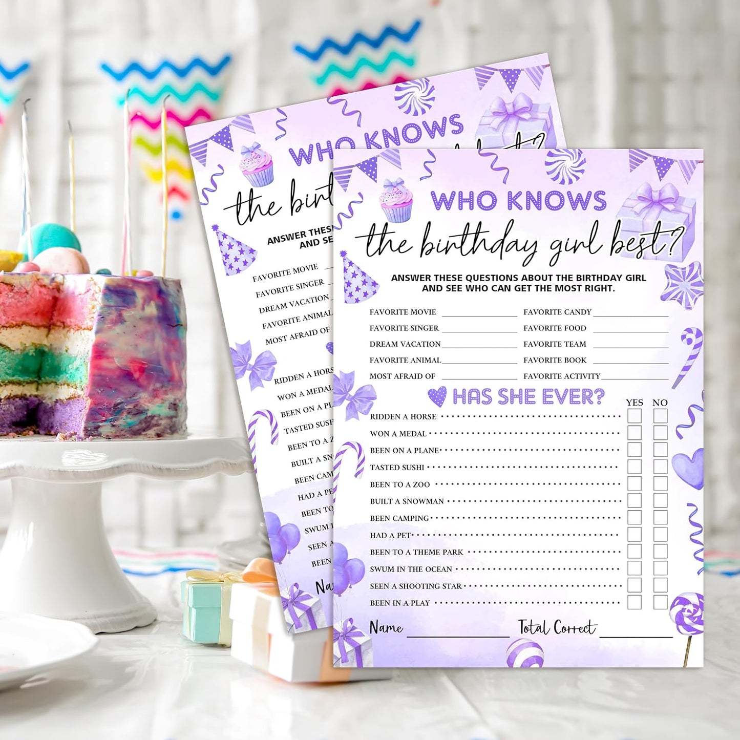 Birthday Party Games Card, Who Knows The Birthday Girl Best, Girls Sleepover Party Supplies for The Girls Card Game, 5x7 Inch Set of 25 Game Cards (Purple, Double-Sided) - A05