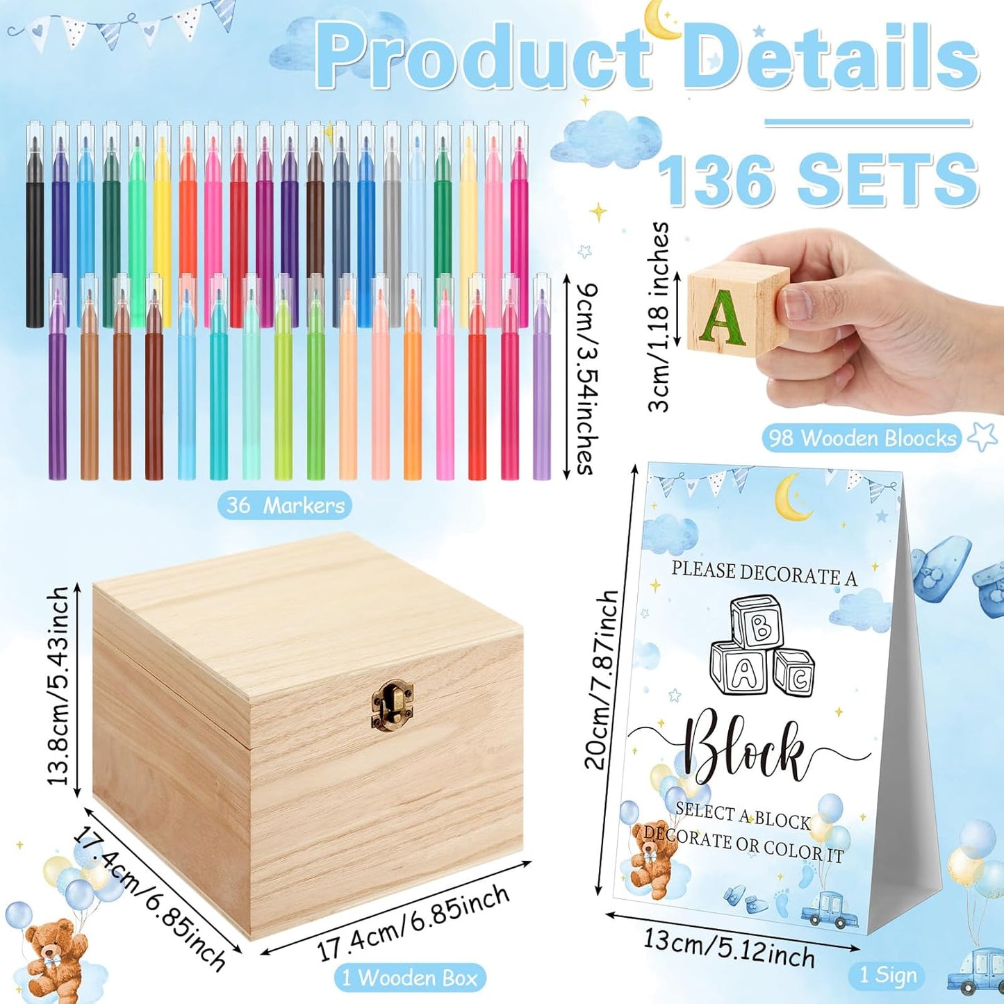 Marsui 136 Pcs Baby Shower Blocks to Decorate Game Kit Includes 98 Wooden Blocks, 36 Markers, 1 Game Sign, 1 Storage Box for Baby Shower Gender Reveal Activity Party Decorations(Blue Bear)