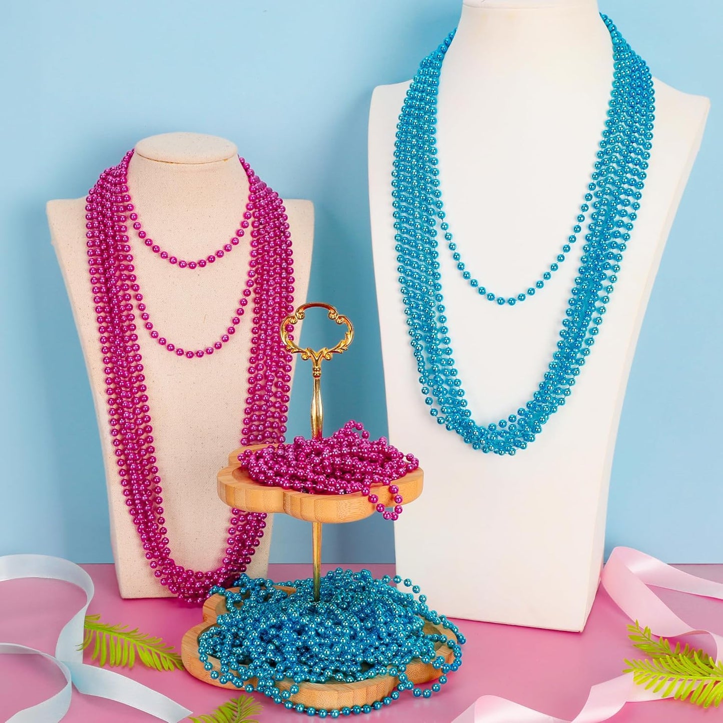 Gender Reveal Beads Decorations, 12PCS Pink Blue Gender Reveal Necklaces, 33" Round Beads Necklace Baby Gender Reveal Ideas, Boy or Girl Gender Reveal Party Accessories Sets Celebrations Decorations