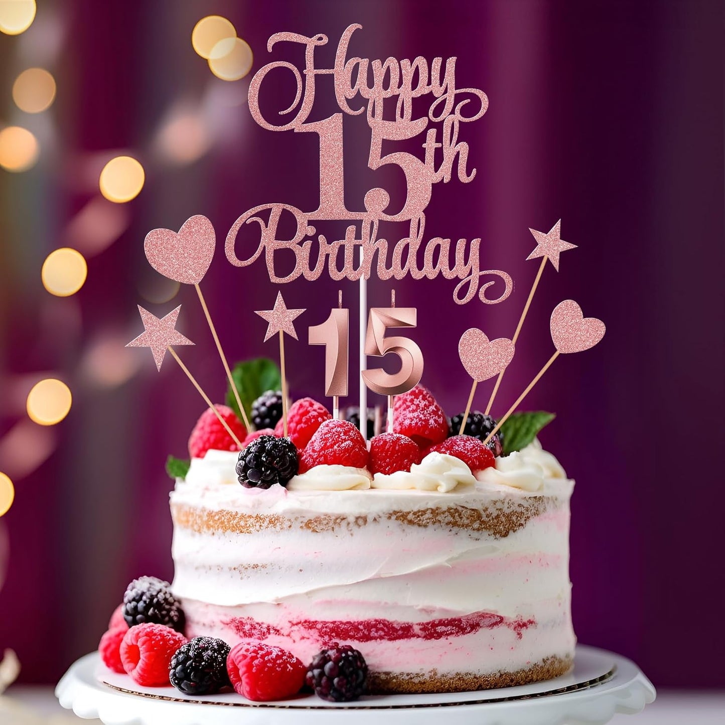 15th Birthday Cake Decorations, 15th Birthday Candles Cake Numeral Candles and Glitter Happy 15th Birthday Cake Toppers Set for Birthday Party Supplies (Rose Gold)