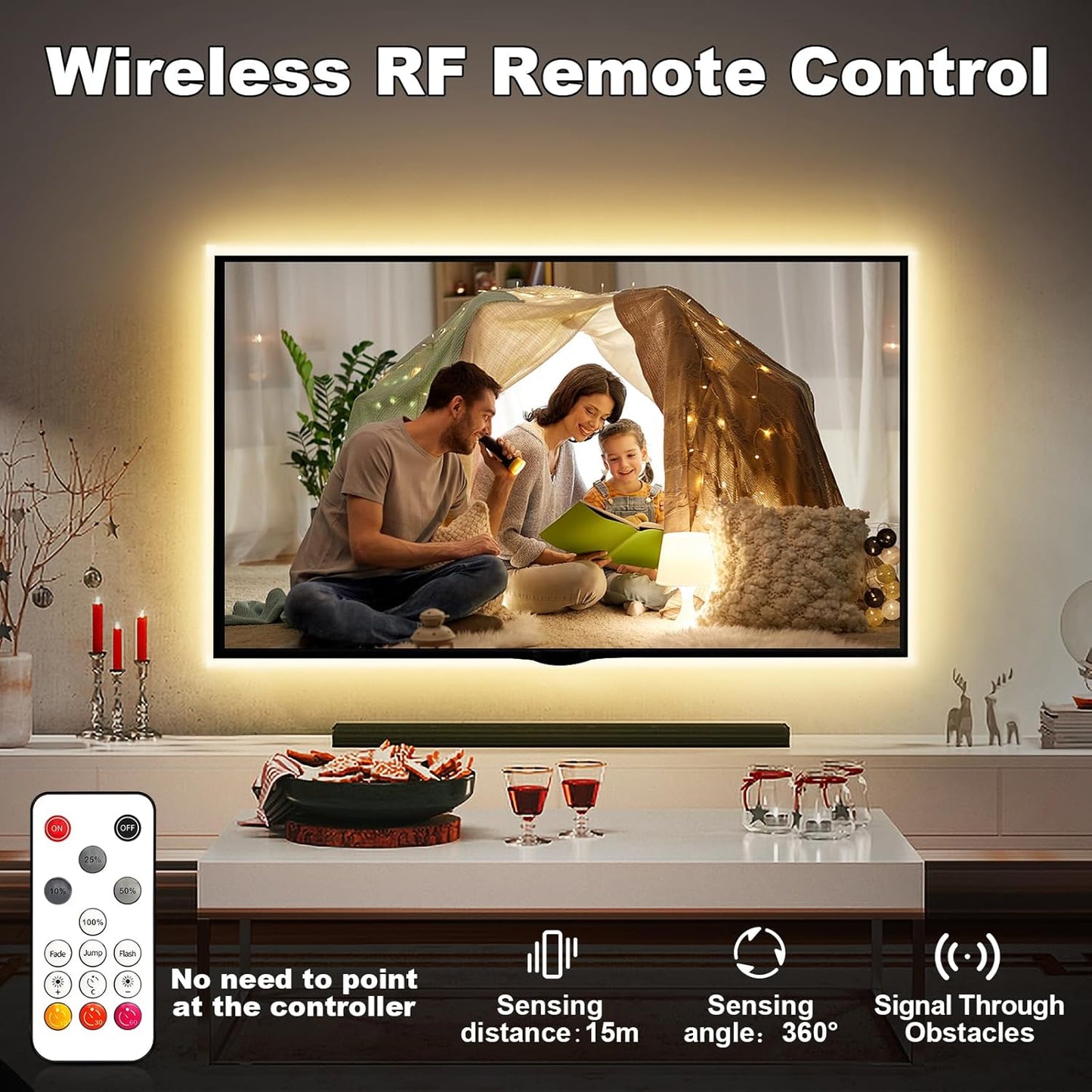 32.8ft 3000K Bright COB LED Strip Light, Dimmable, Warm White, Indoor, RF Remote, Adhesive, for Living Room, Shelf, Cabinet, Kitchen, 2 Rolls of 16.4ft