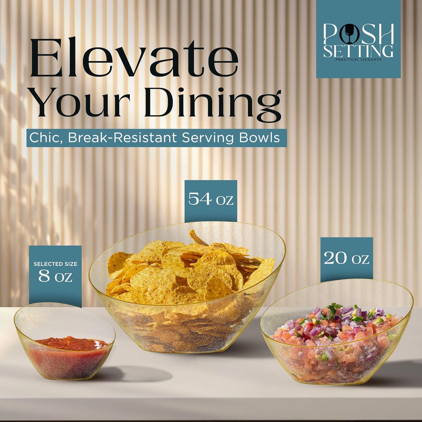 Posh Setting Gold Plastic Serving Bowls - Angled, Disposable for Chips, Candy, Salad, Fruit - Wedding and Party Table - Gold Glitter, 8 OZ, 5 Pack