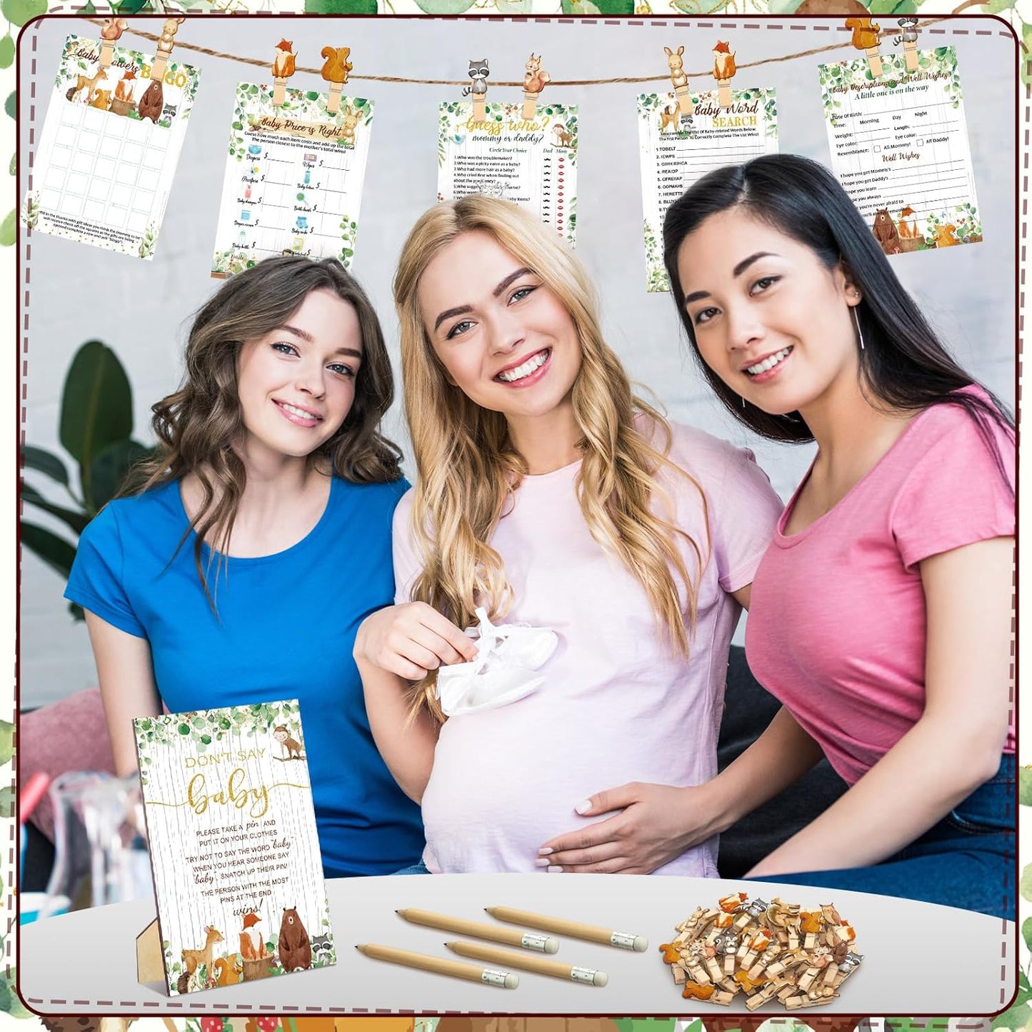 Patelai 321 Pcs Woodland Animal Baby Shower Game Supply for Girl or Boy 5 Set Include 50 Activity Card 20 Pencil 1 Don't Say Baby Sign 50 Clothespin for Price Is Right Prediction Bingo Party Decor
