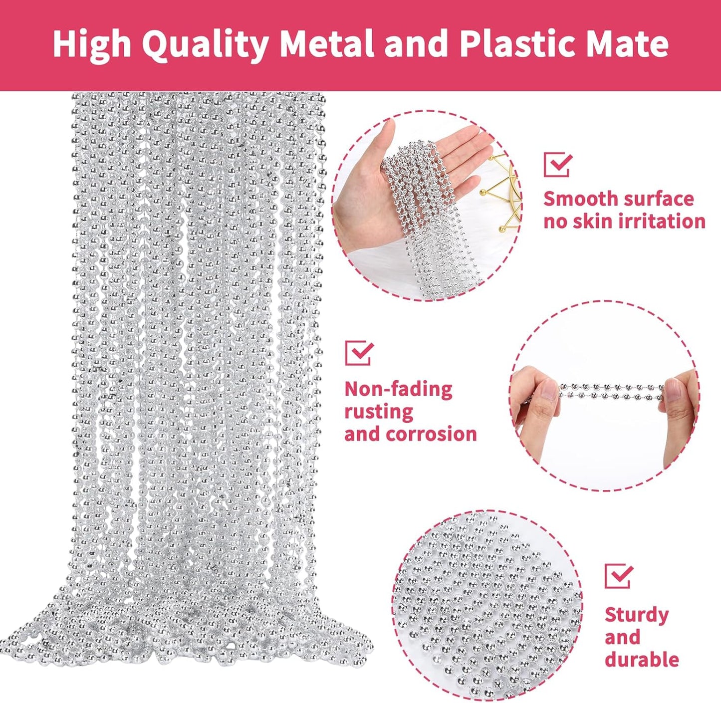 48 Pack Mardi Gras Beads Necklaces, 33 Inch Plastic Beads for Party Favors, Festival Decorations, Parade Throws, Christmas, St. Patrick's Day Celebrations