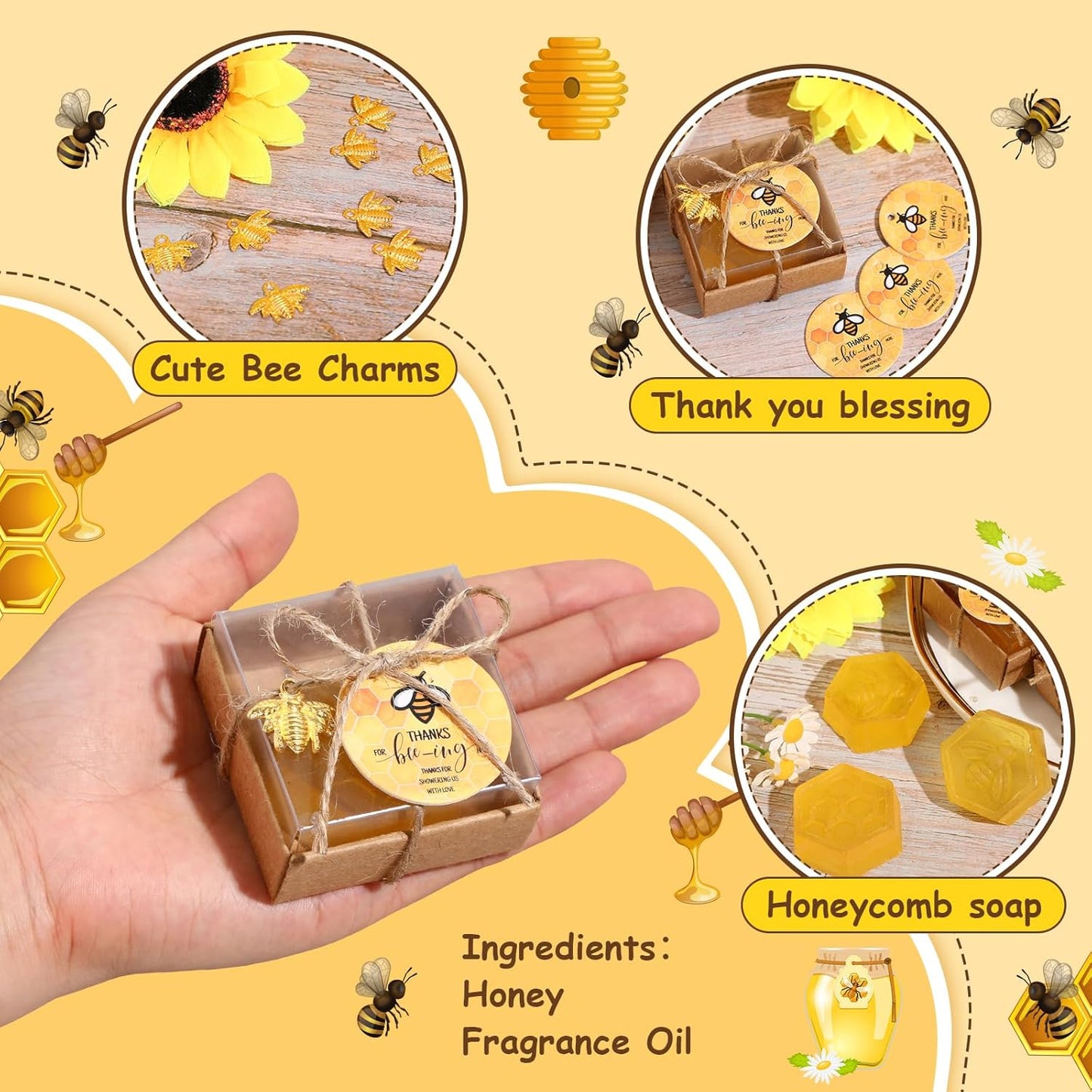 48 Set Baby Shower Bee Party Favors Honeycomb Bee Soap Handmade Scent Soaps with Gift Box Thank You Cards cute Charms for Guest Gender Reveal Keepsake Wedding gifts Decorations (Transparent)