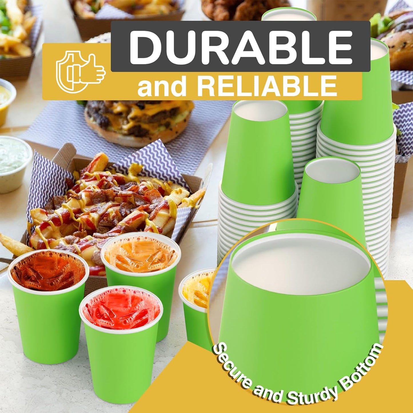 Party Solids Lime Green Paper Cups 9 oz Durable Disposable Cups 100 Paper Tumblers for Hot Drinks and Cold Drinks Thick 280 GSM Hot Cup for Tea & Coffee Cup To Go Fun Colors for Parties & Events