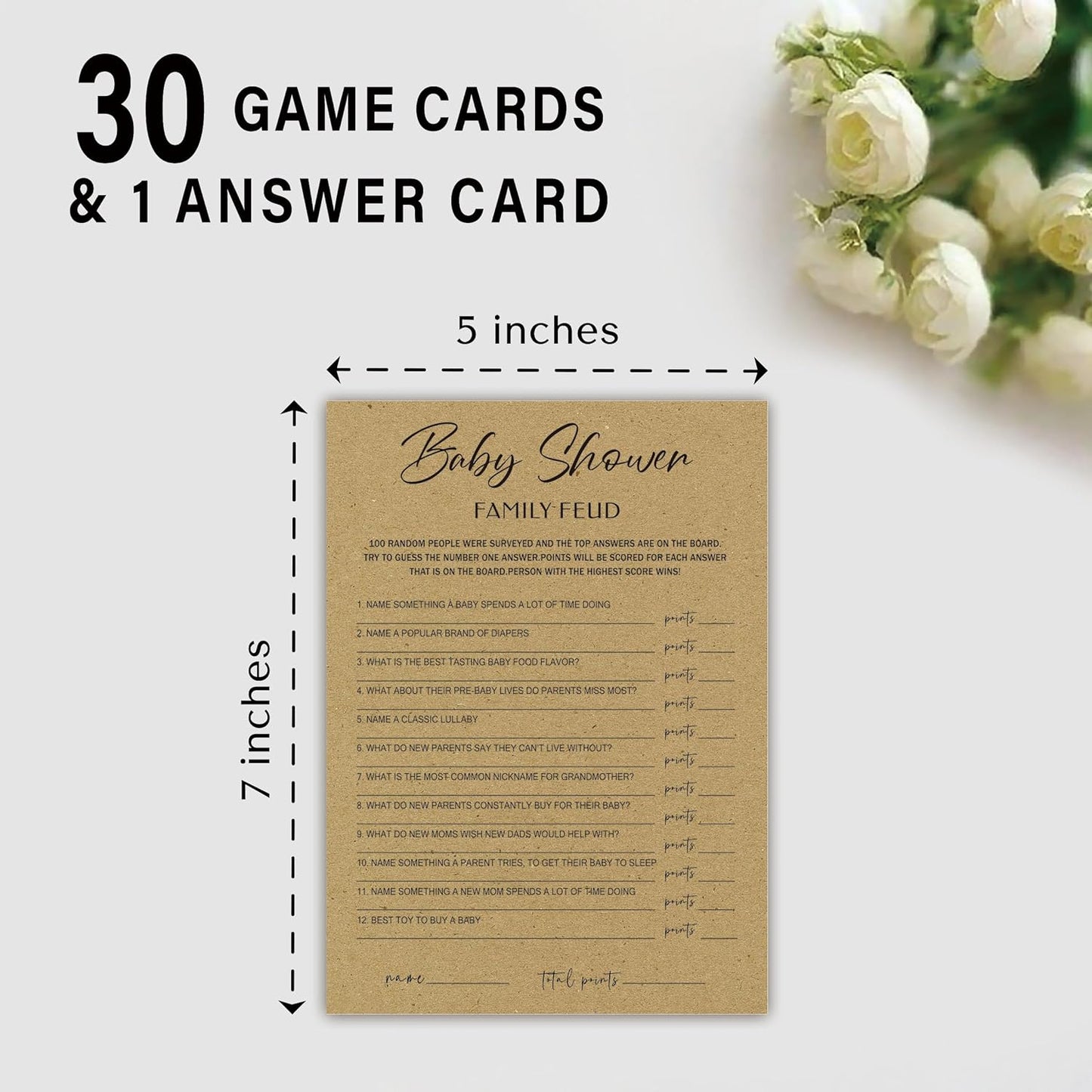 Family Feud Baby Shower Game - Pack of 30 Cards & Answer Key, Gender Neutral Decorations & Supplies for 10 Players