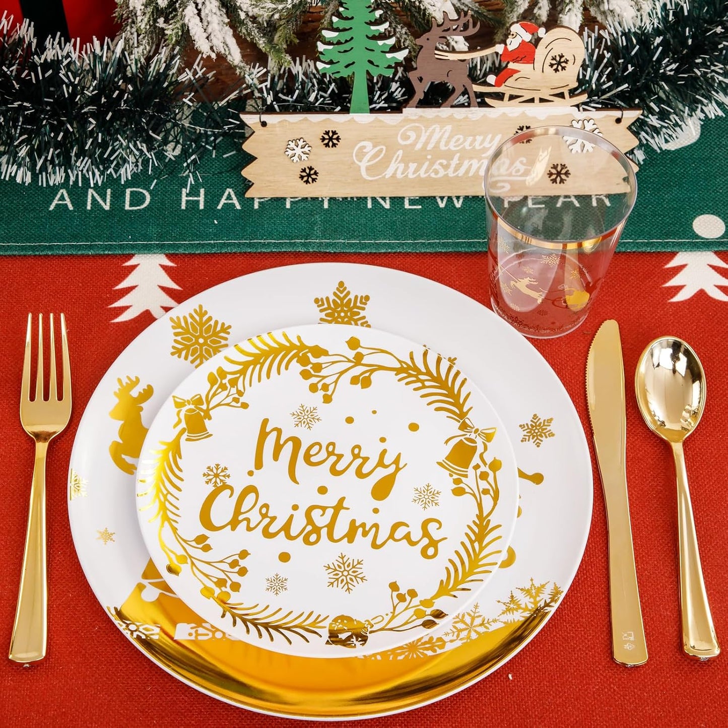 Supernal 150pcs Christmas Plates, Christmas Plastic Dinnerware include Gold Plastic Plates,Gold Plastic Silverware,Gold Plastic Cups, Christmas Party Plates for 25 Guests