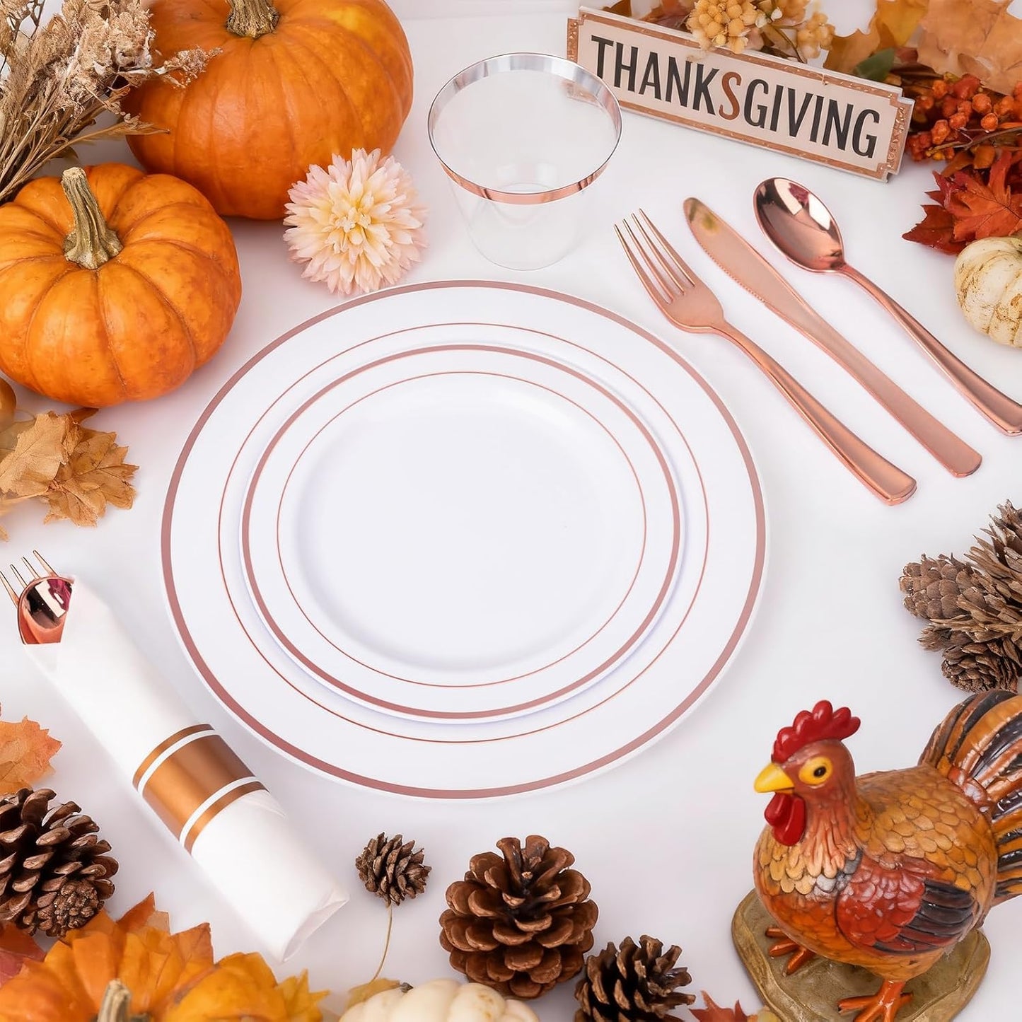 WELLIFE 350Pcs Rose Gold Plastic Plates for 50 Guests - Plastic Dinnerware Set,Party Supplies Includes 100 Rose Gold plates,150 Silverware,50 Napkins,50 Cups for Party and Thanksgiving