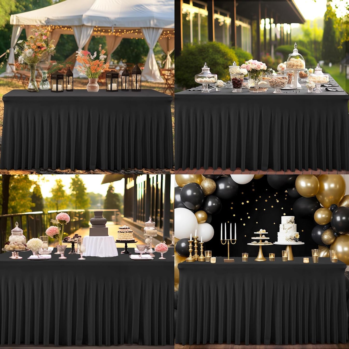2 Packs Black Table Clothes for 6 Foot Rectangle Tables, One-Piece Wrinkle Resistant Stretch Spandex Table Covers with Skirt for Event Banquet Wedding Birthday Party