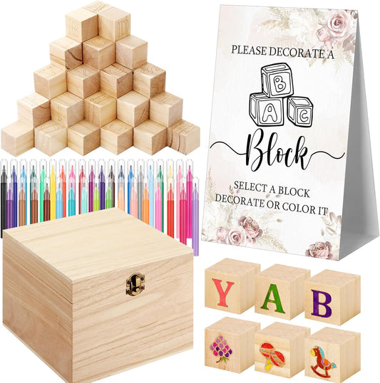 Marsui 136 Pcs Baby Shower Blocks to Decorate Game Kit Includes 98 Wooden Blocks, 36 Markers, 1 Game Sign, 1 Storage Box for Baby Shower Gender Reveal Activity Party Decorations(Floral)