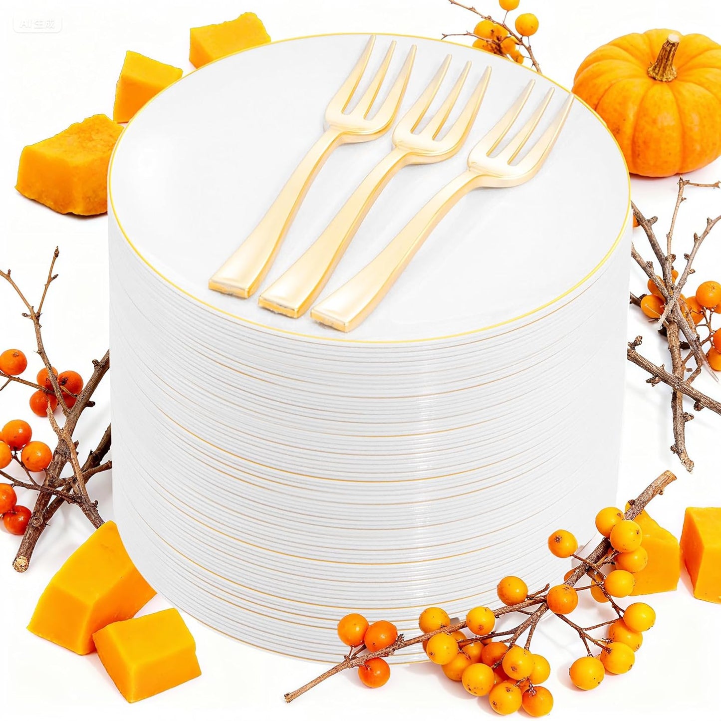 Festiva 200Pcs Gold Dessert Plates 6.3" with Forks 5"- Small Disposable Dessert/Cake/Appetizer Plates Plates- serve 100 guests include 100Plates 100Forks for Wedding Party&Thanksgiving&Christmas
