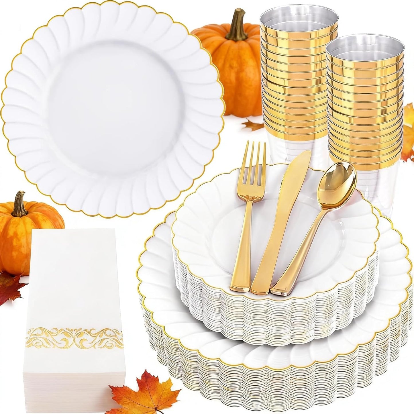 YOUBET 175PCS Gold Scalloped Plastic Plates - White and Gold Disposable Dinnerware Set Include 50 Plates, 75 Gold Silverware, 25 Cups, 25 Napkins for Party & Wedding & Thanksgiving
