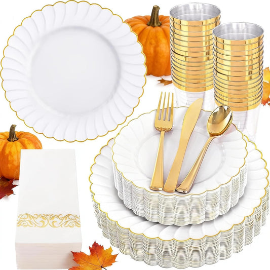 YOUBET 175PCS Gold Scalloped Plastic Plates - White and Gold Disposable Dinnerware Set Include 50 Plates, 75 Gold Silverware, 25 Cups, 25 Napkins for Party & Wedding & Thanksgiving