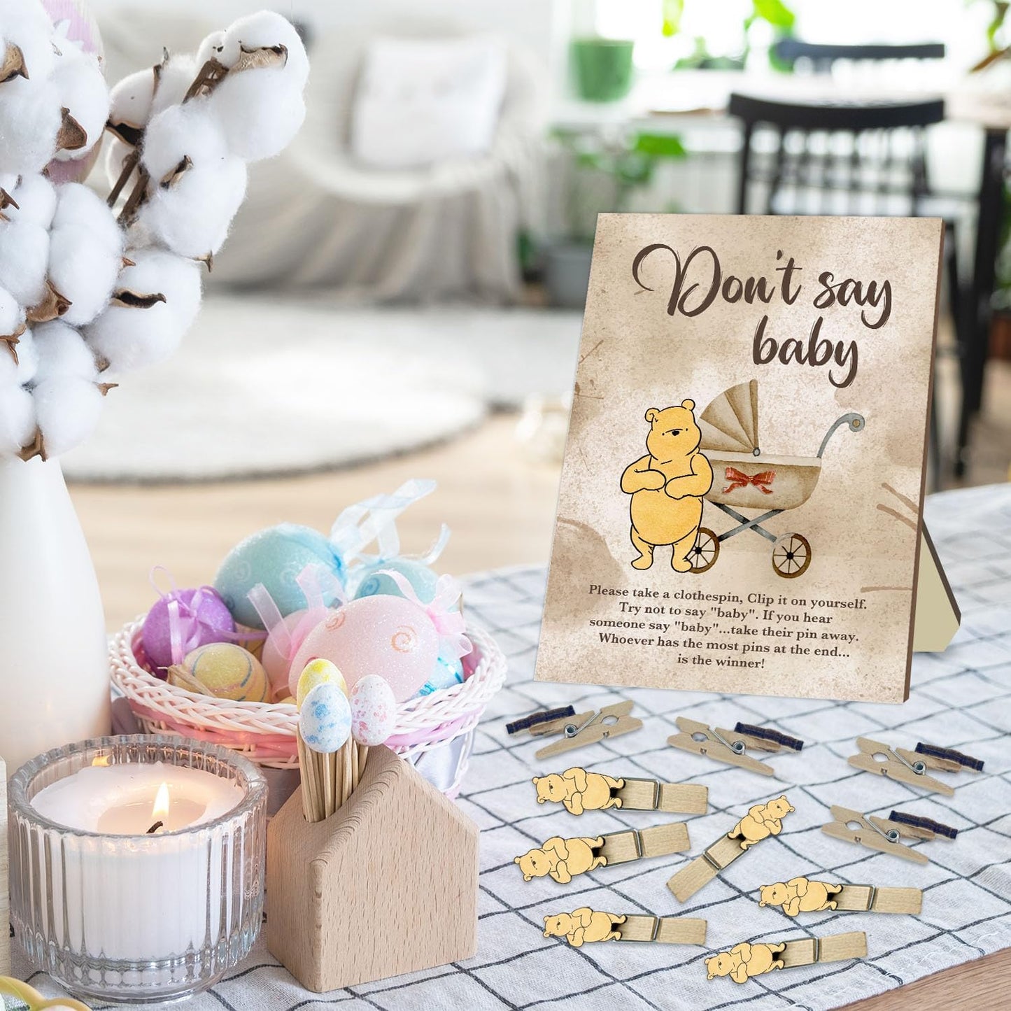 Winnie Don't Say Baby Game Set, Include Don't Say Baby Game Sign and 20 Mini Winnie Clothespins, Winnie Baby Shower Party Decor, Baby Shower Table Sign Centerpieces