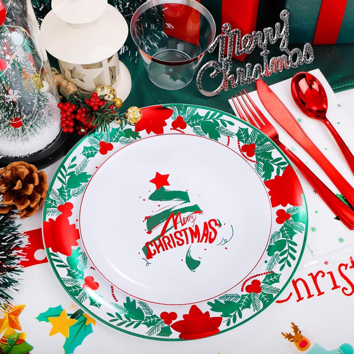 GATHER 176 Pieces Christmas Plastic Plates - Heavy Duty Christmas Disposable Dinnerware Set include 50 Plates, 75 Red Plastic Silverware, 25 Napkins, 25 Cups and 1 Tablecloth for Xmas Party