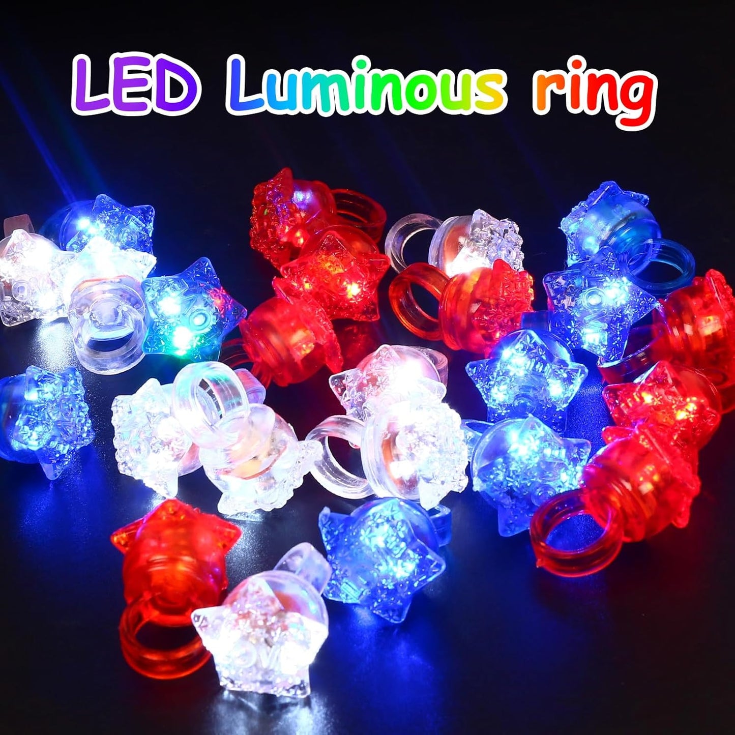 24 Pack Light Up Star Rings Glow in the Dark Party Flashing LED Jelly Finger Rings for July 4th,Halloween,Christmas,Concert,Goodie Bag Fillers,Raves