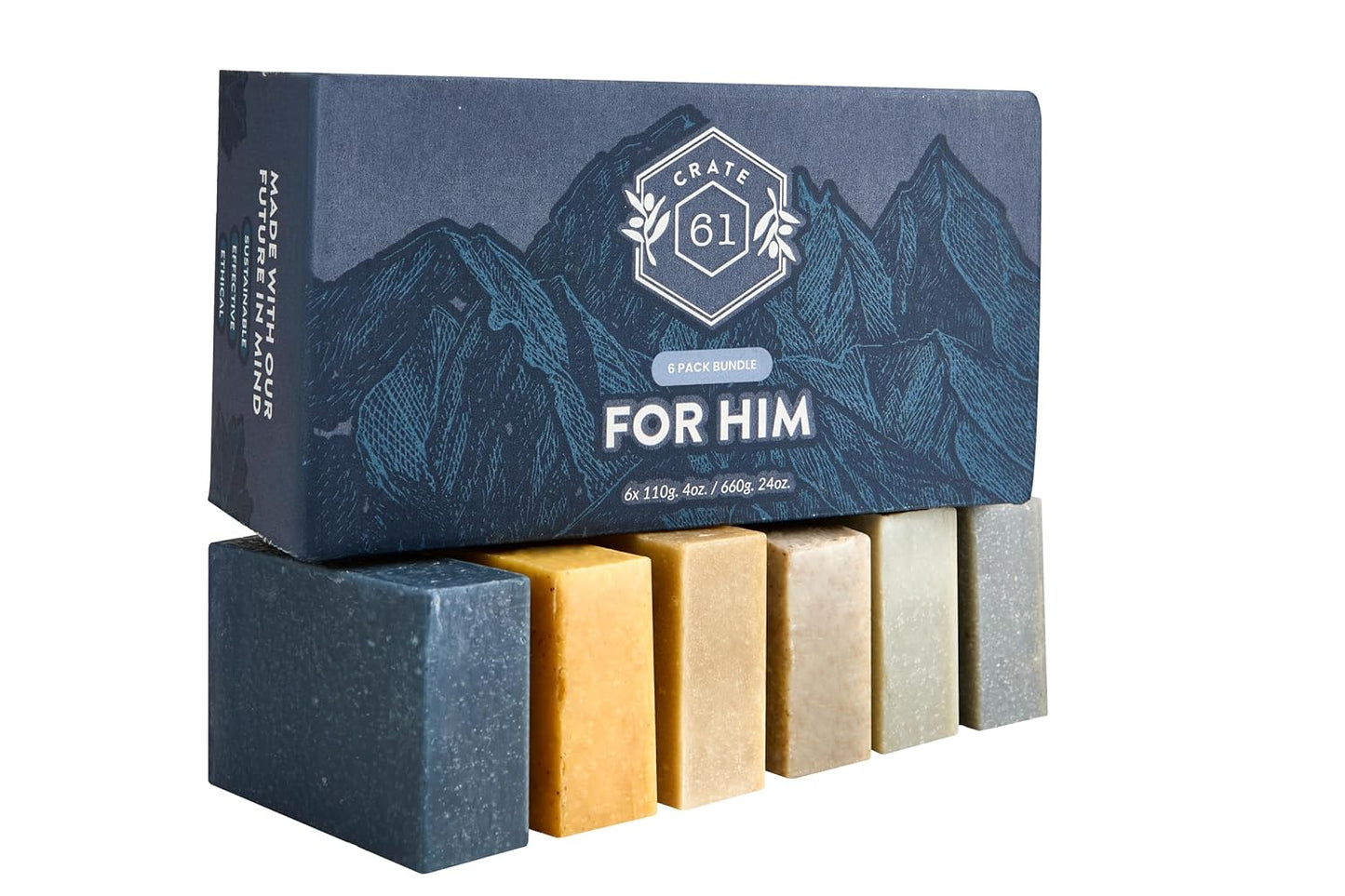 Crate 61 Organics, Handmade in Canada, Plant Based Cold Process Natural Bar Soap, With Premium Essential Oils, Dry Skin, Pack of 6 (For Him)