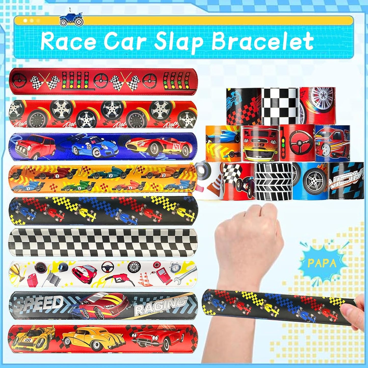 24 Pcs Race Car Party Decorations Favors Racing Bracelet Racing Wristbands Bracelet Checkered Slap Bracelets Dirt Bike Task Game Decorations Car Birthday Party Supplies