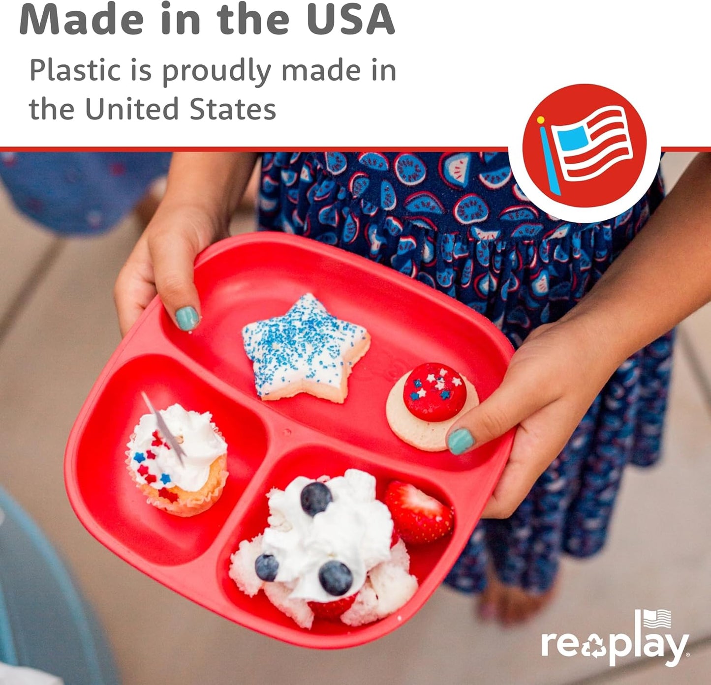 Re-Play Toddler Plates with Dividers - Deep-Walled 3 Compartments Divided Plates for Kids - Dishwasher & Microwave Safe - Made in USA - Set of 3-7.37" x 7.37" x 1.25" - Tulip
